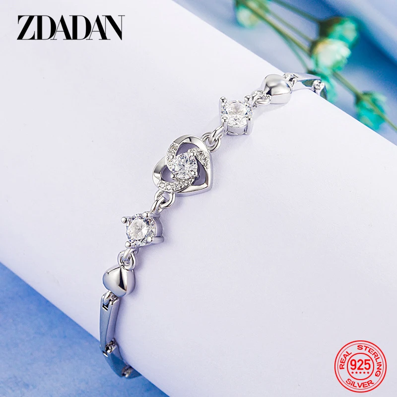 ZDADAN 925 Sterling Silver Heart Zircon Bracelet For Women Fashion Gift Wedding Jewelry