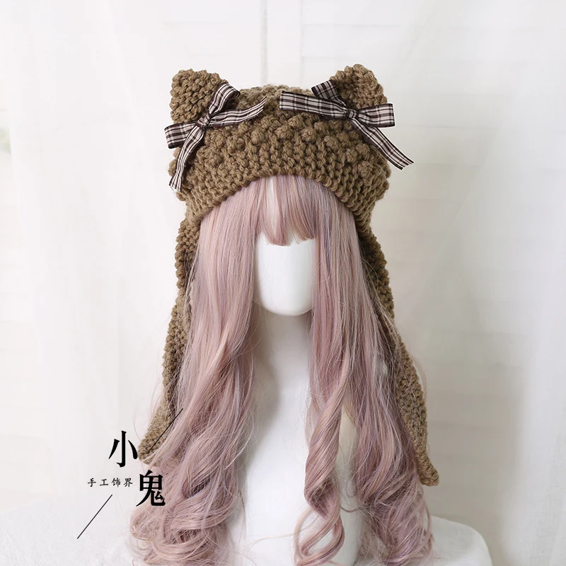 

Japanese soft girl sweet cute cat ear ear protection knitted wool hat coarse knitted wool hat