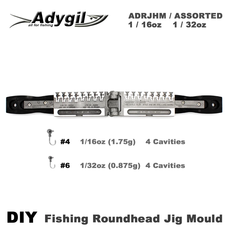 

Adygil DIY Fishing Roundhead Jig Mould ADRJHM/ASSORTED COMBO 1/16oz(1.75g), 1/32oz(0.875g) 8 Cavities