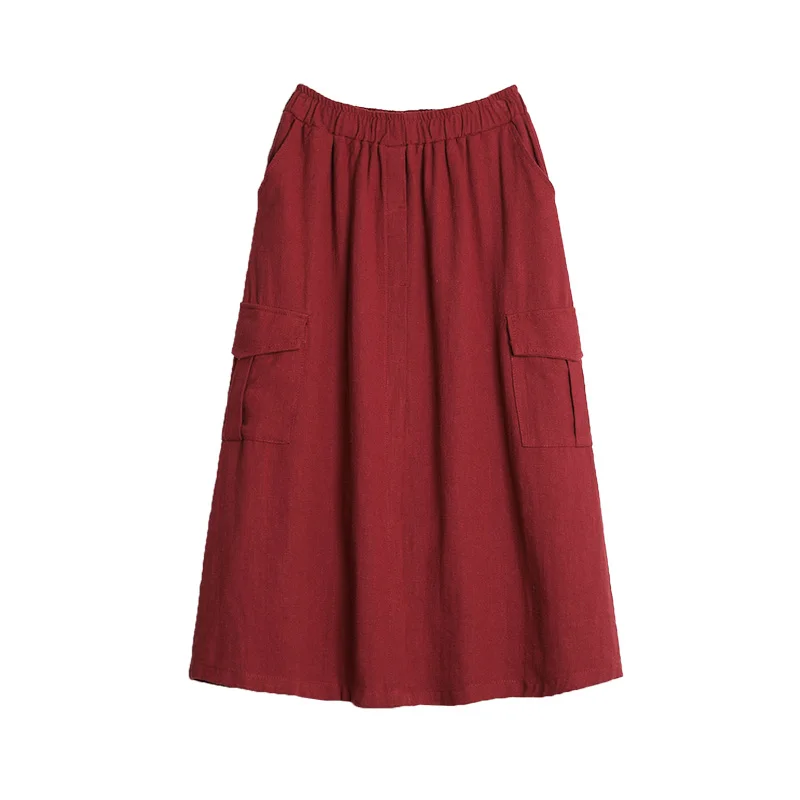 TIYIHAILEY Free Shipping 2020 Long Maxi A-line Skirts For Women Elastic Waist Autumn And Spring Cotton Linen Skirts With Pockets