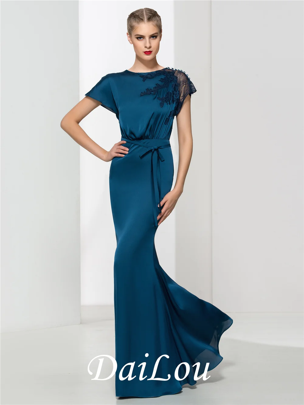 

Mermaid Button Round Neck Lace Floor-Length Sashes Floor Length Cap Sleeve Satin Chiffon Evening Dress 2022