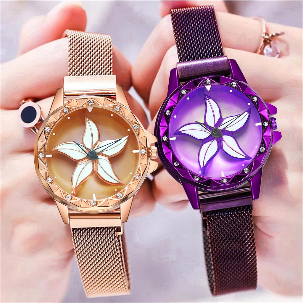 2020 Relogio Feminino Creative Rotating Flower Women\'s Watches Luxury Rose Gold Stainless Steel Quartz Watches Female Wristwatch