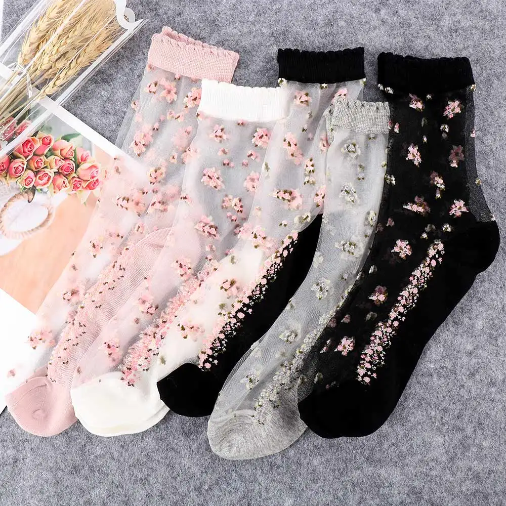 1 Pair Breathable Ultra Thin Socks Summer Women Transparent Lace Silk Crystal Rose Flower Girls Elastic Short Socks Female Sox