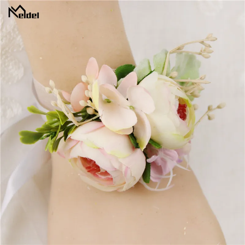 Meldel Pernikahan Groom Boutonniere Sutra Roses Pengiring Pengantin Pergelangan Tangan Gelang Korsase Aksesoris Bunga Pernikahan Prom Perapi Dekorasi