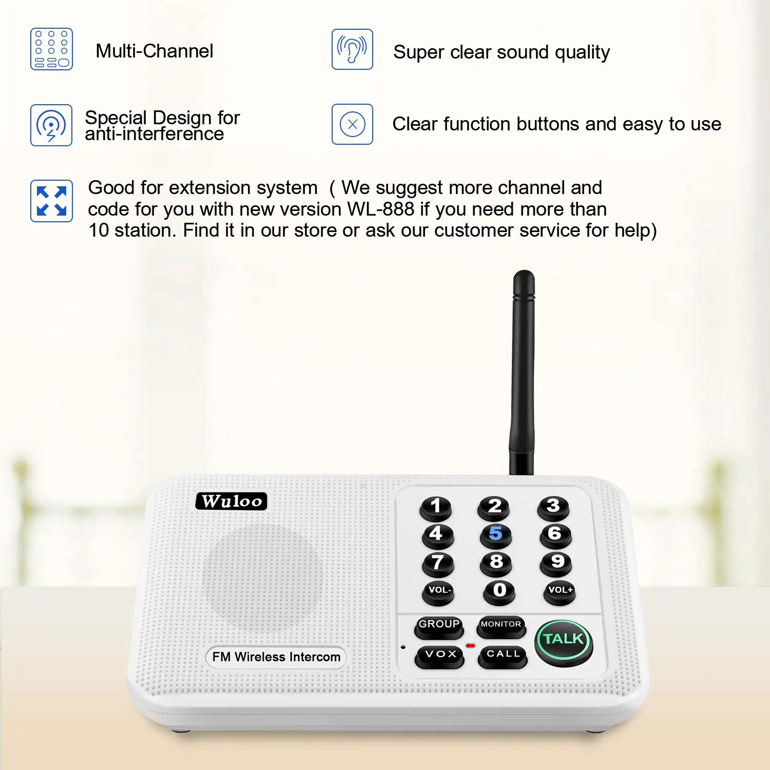 Wuloo Wireless Intercoms System para Casa, Casa, Negócios, Escritório, Comunicação Sala a Sala, 5280 Feet Range, 10 Canais