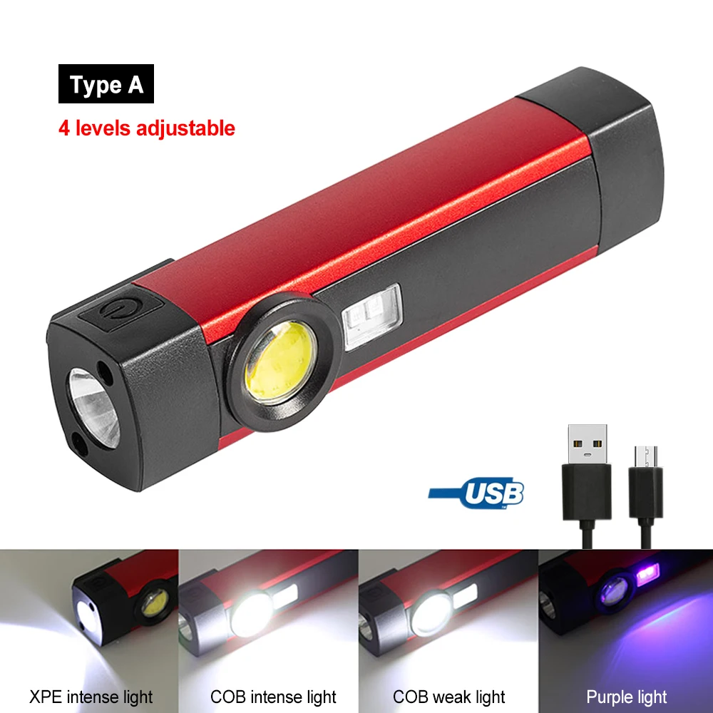 1200mAh COB+LED Strong Light White/Red/UV Flashlight USB Rechargeable 5-speed Work Light with Magnetic Inspection Torch