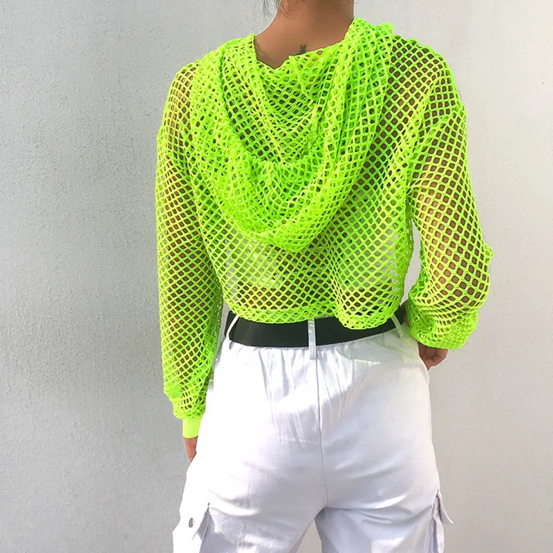 Darlingaga Streetwear Neon Green Mesh Fishnet Top Women Tshirt Perspective Smock Long Sleeve Women's T-shirts Sexy Cropped Shirt