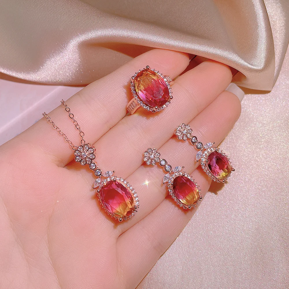 2021 Newest Burnt Ruby Ring Pendant Necklace Earrings Pigeon Blood Red Lively Three Pcs Set For Women Party Wedding Jewelry Gift