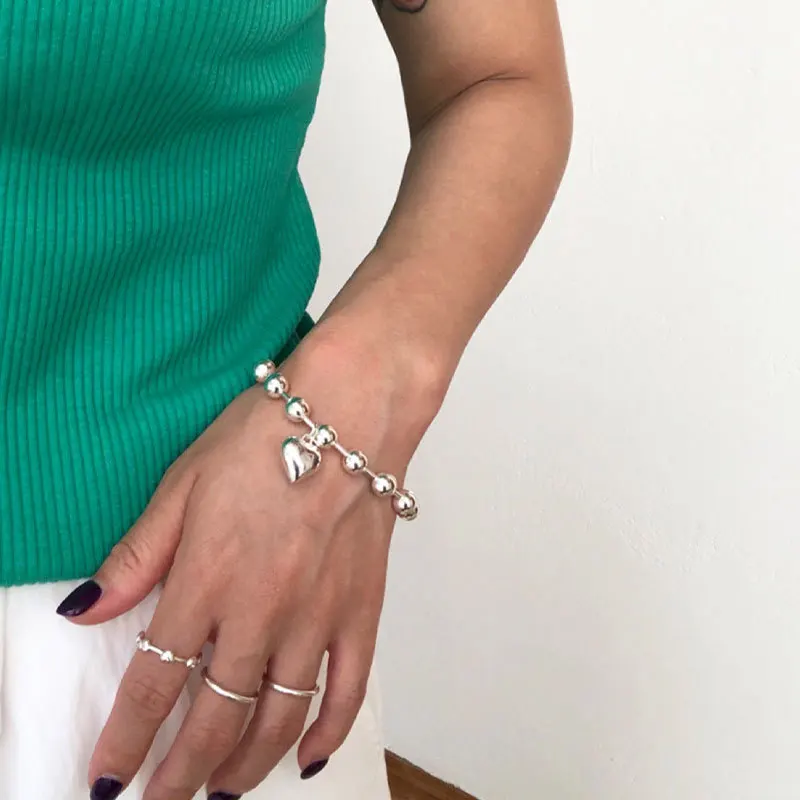 LIVVY Silver Color Smooth Love Heasrt Pendant Bracelet Fashion Temperament Simple Beautiful Beaded Chain Bangles Jewelry