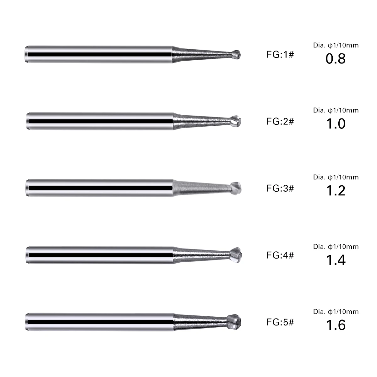 AZDENT Dental-Wolframkarbid-Bohrer, runde Bohrer für Hochgeschwindigkeits-Handstück, FG 1/2/3/4/5 0,8 mm–1,6 mm, Zahnarztwerkzeuge, 10 Stück/Packung – Detail 1