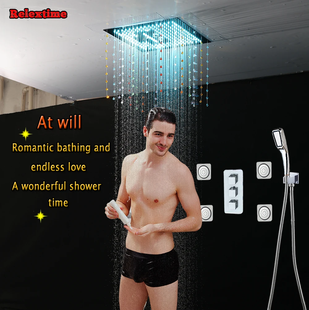 

Crystal Quartz LED Ceiling Rainfall Shower Set Massage Spray Mist Bathroom 5 Way Concealed Install Thermostatic Shower Faucet