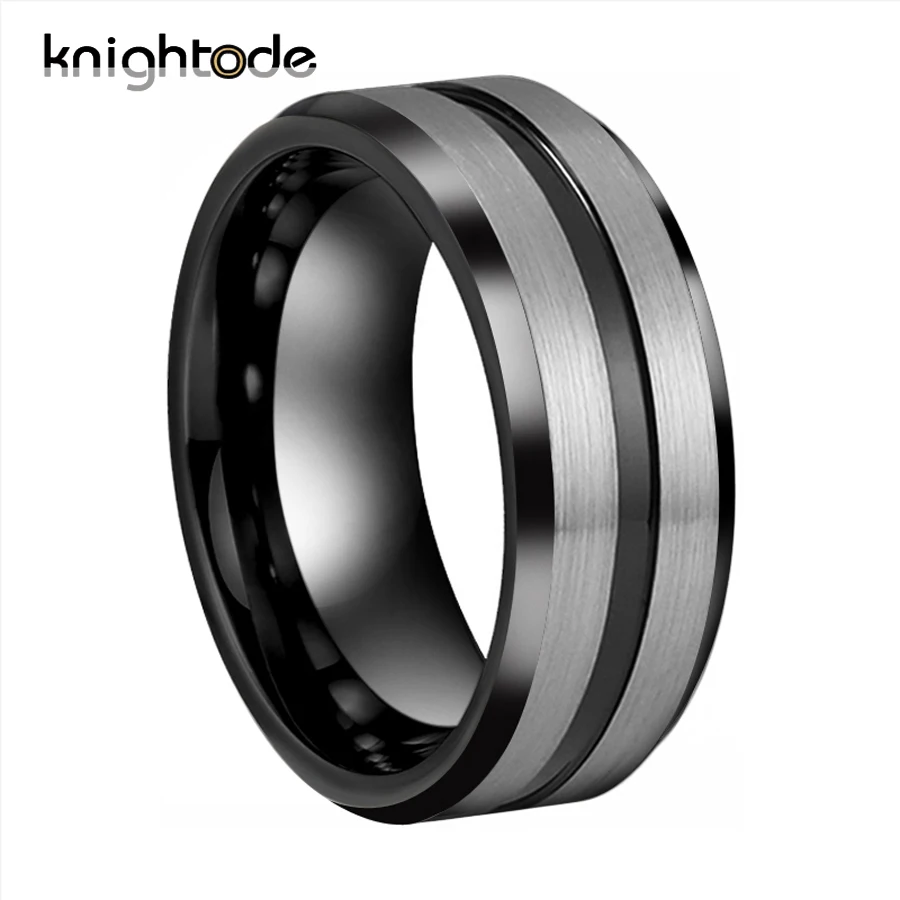 8mm Black Tungsten Carbide Rings Grooved Center For Lovers Wedding Band Silvery Brushed Beveled Design Comfort Fit