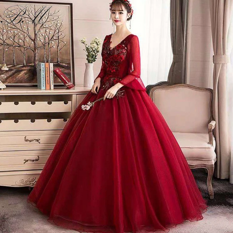 2021 Stock V Neck Ball Gown Quinceanera Dresses Burgundy Tulle Long Sweet 16 Gown Pageant For Women Vestidos De 15 Anos