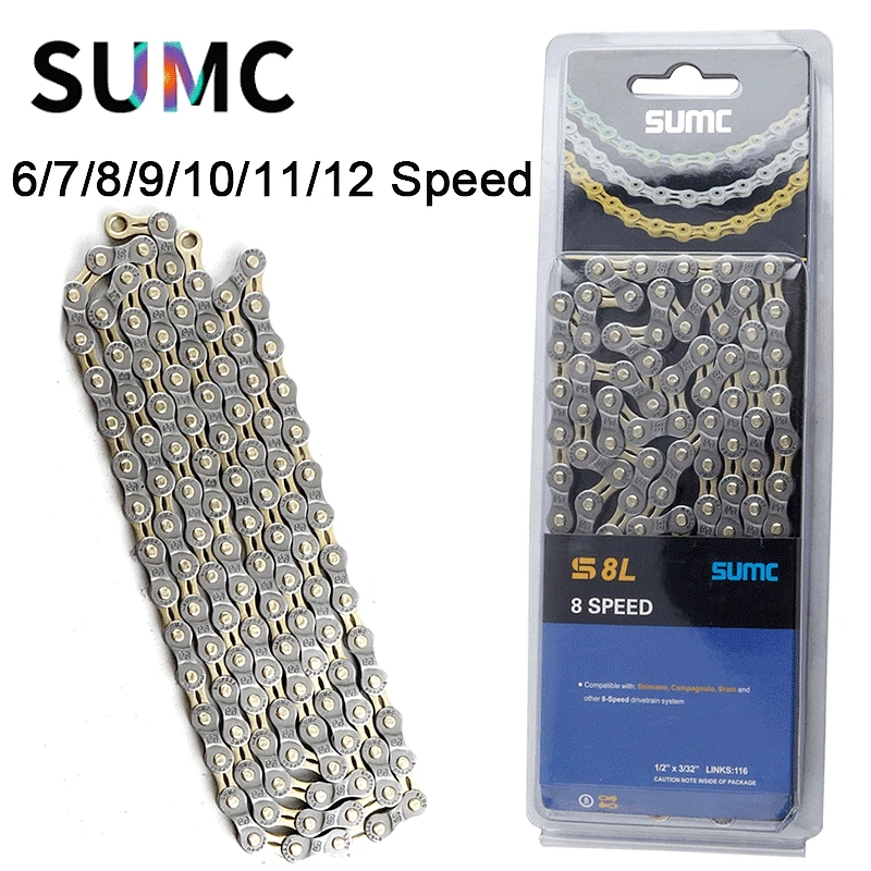 

SUMC Bicycle Chain Half Hollow Ultralight 8/9/10/11/12 Speed for MTB Road Folding Bike Gray Gold Chains with Missinglink 251g