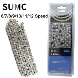 SUMC Bicycle Chain Half Hollow Ultralight 8/9/10/11/12 Speed for MTB Road Folding Bike Gray Gold Chains with Missinglink 251g