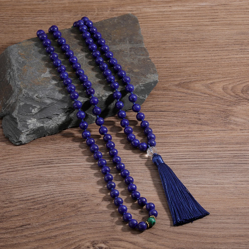 

108 Mala 8MM Lapis Lazuli & Green Malachite Beaded Knotted Necklace Men and Women Blessing Fashion Charm Jewelry Long Tassel