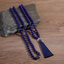 108 Mala 8MM Lapis Lazuli & Green Malachite Beaded Knotted Necklace Men and Women Blessing Fashion Charm Jewelry Long Tassel