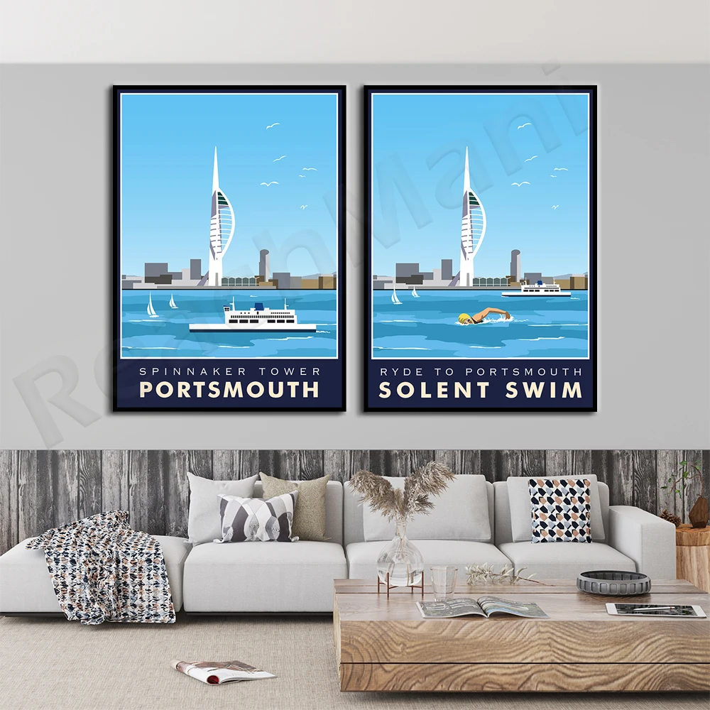 Solent swimming. Ryder to Portsmouth. Spinnaker Tower. Portsmouth, Hampshire. Vintage art deco style design canvas poster