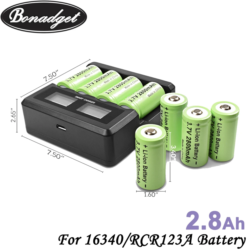 Bonadget 3.7V 2800mAh Li-ion For 16340 Battery CR123A Rechargeable Batteries CR123 for LED Flashlight Cell,Security Camera