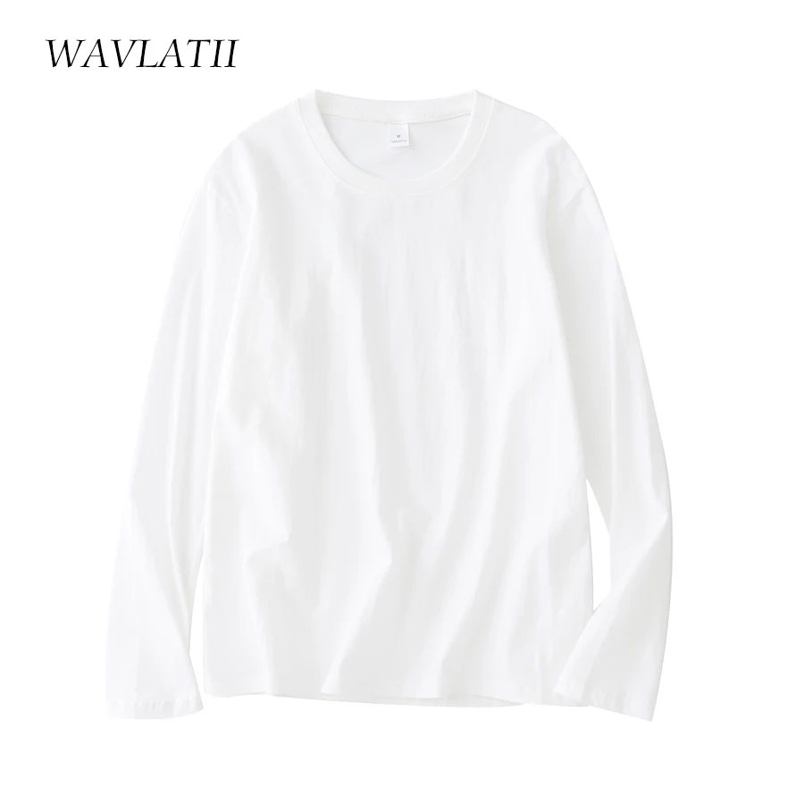 WAVLATII New 2021 Women Long Sleeve Tshirts Female Black White 100% Cotton Tees Lady Soft Basic Tops for Spring Autumn WLT2101