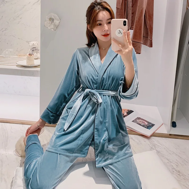 Velvet Pajamas Set Women Sexy Pyjama Long Sleeve Shirt Pants Homewear Gold Velour Belt Sleepwear 2Piece/Set