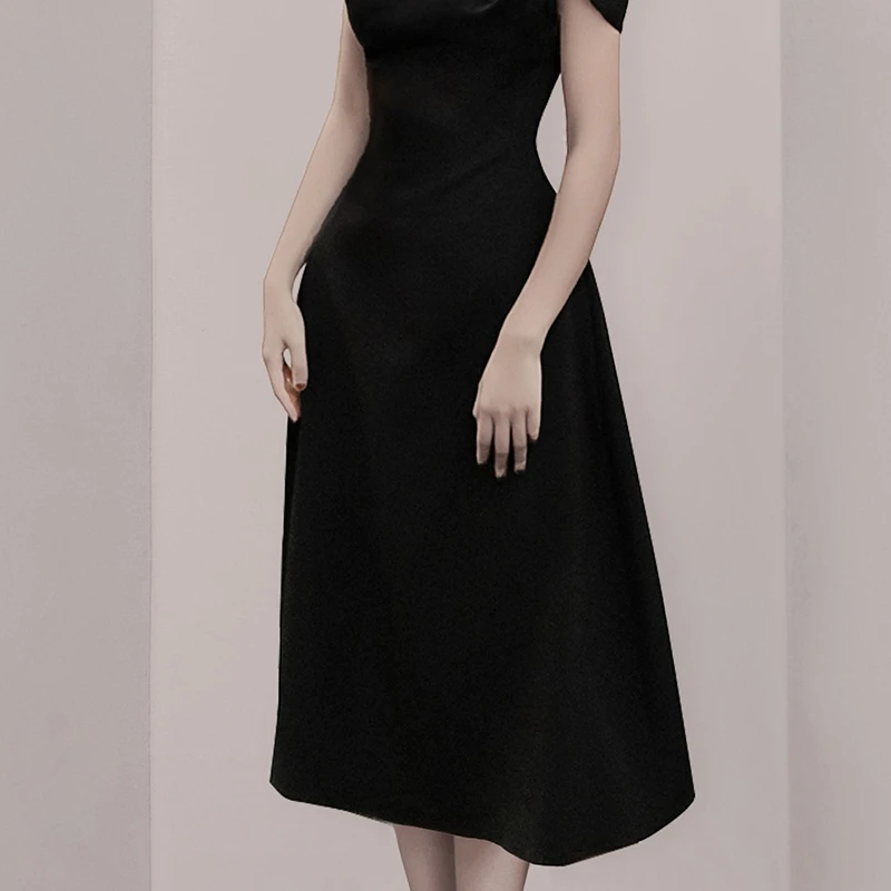 High Quality Autumn France Black Long Dress New Runway Women Square Collar Pearls Beaded Short Sleeve Slim Waist Party Vestidos