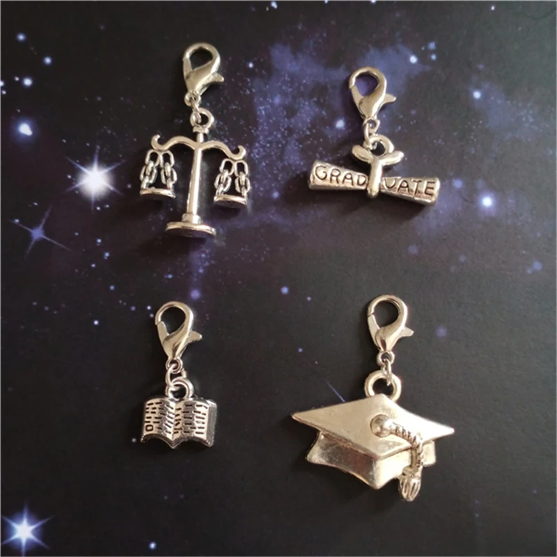 4pcs/lot Graduation clip on charm Key Ring Zipper Pull Diploma charm Graduation Gift Book pendant Scales of Justice Keychain