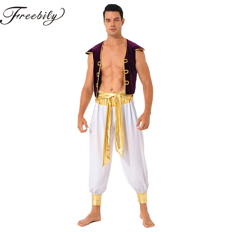 Men Arabian Prince Cosplay Costume Vest Waistcoat with Belt And Pant Adult Persian Arab Halloween Cosplay Theme Party Dress Up