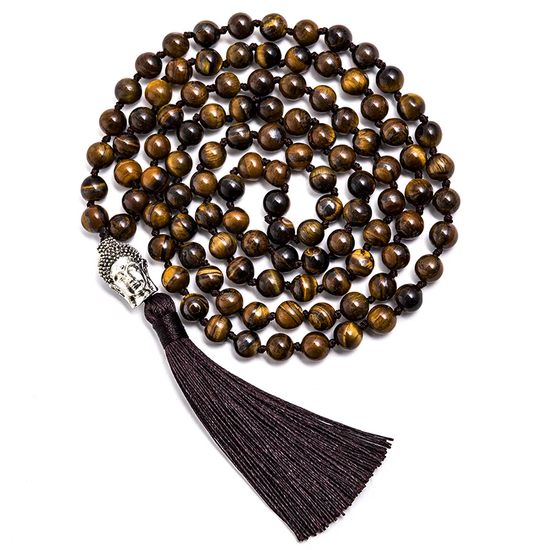 8mm Natural Yellow Tiger Eyes Beaded and Knotted Japamala Necklace 108 Mala Meditation Yoga Tibetan Buddha Head Pendent Jewelry