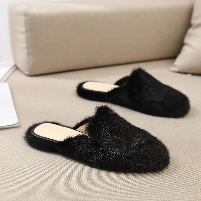 New Ladies Slippers 100% High Quality Mink Mule Shoes Real Mink Slippers Casual Flat Shoes Home Shoes Girls Outdoor Slippers