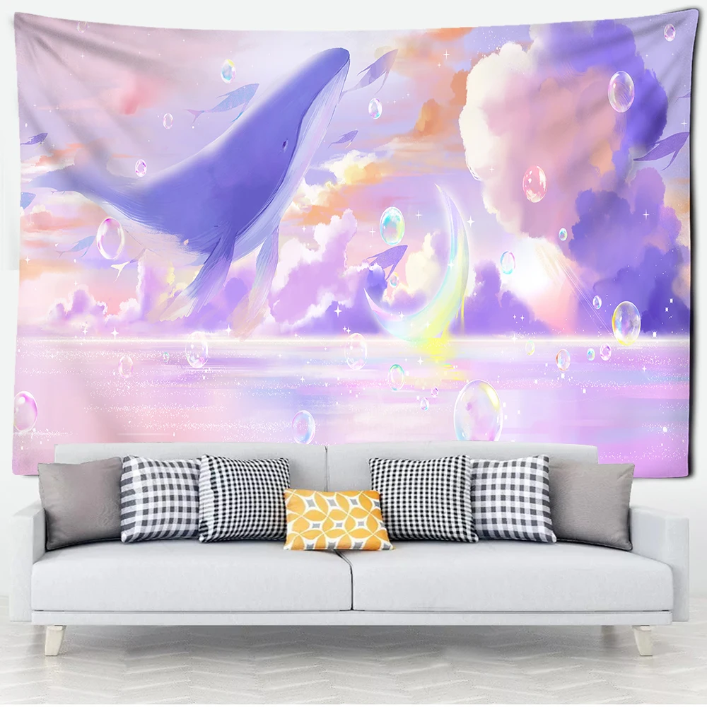 Whale Tapestry Blue Sky Wall Hanging Home Pink Colour Starry Sky Dream Tapestry  Kawaii Room Decor