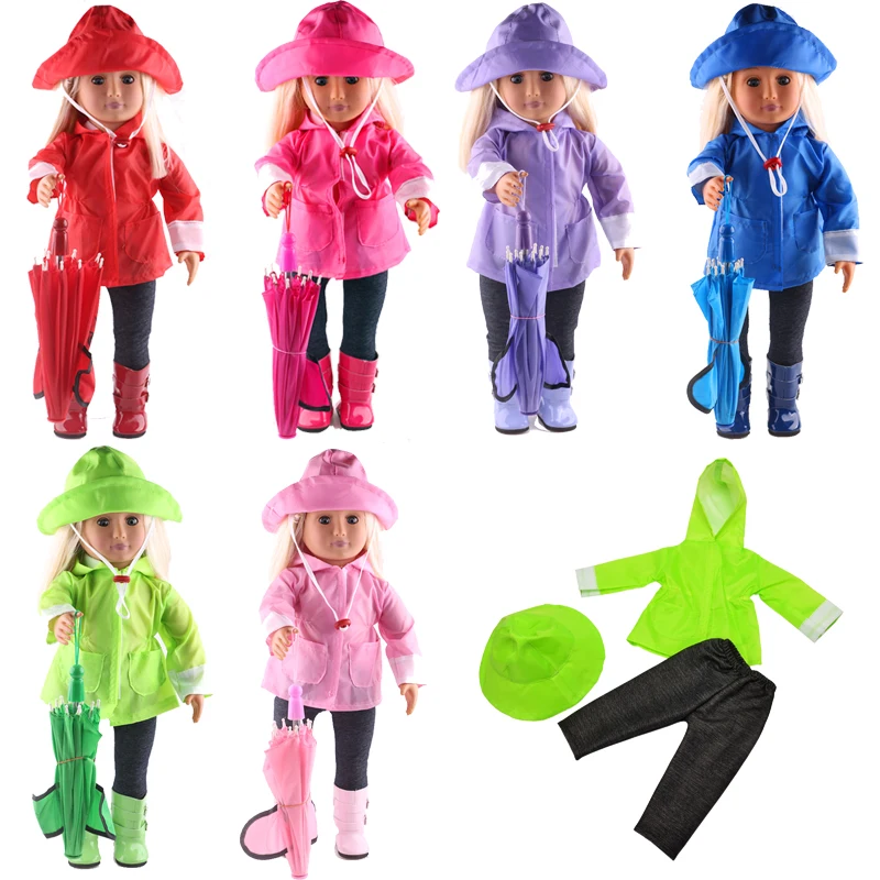 Conjunto de lluvia 3 piezas = sombrero + abrigo + Pantalones para muñeca americana de 18 pulgadas y 43Cm, accesorios de ropa para muñeca recién nacida, juguete para niña