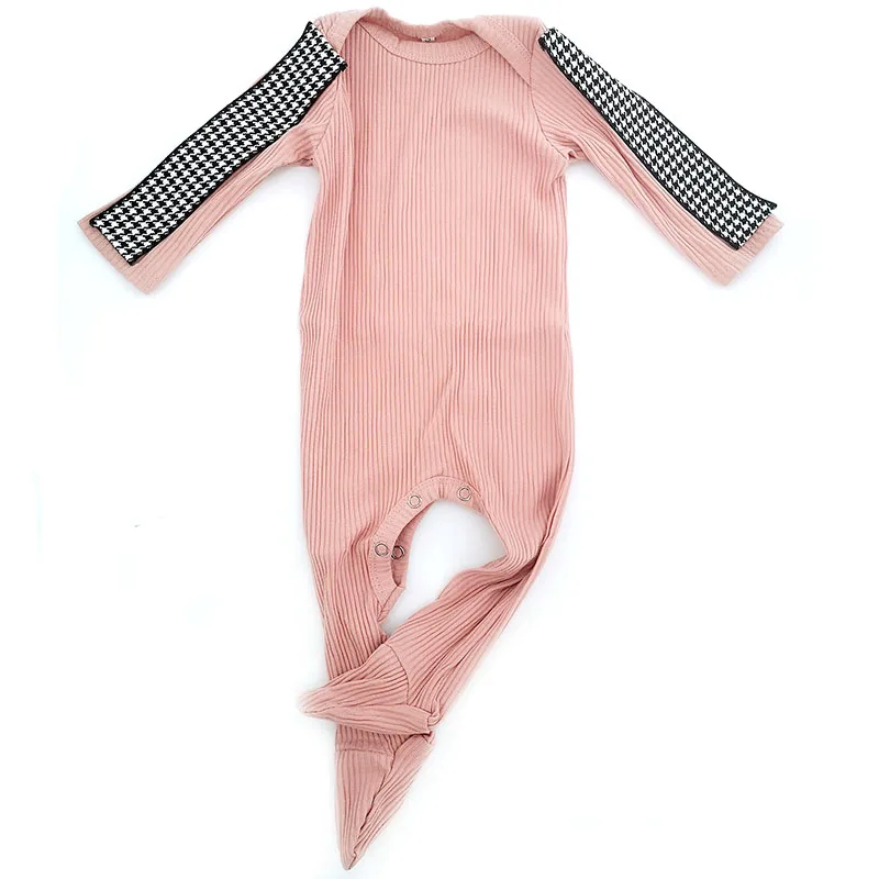 Baby Boy Girl Soft Cotton Houndstooth Ribbon bodysuit baby Fall Clothes Casual Long Sleeves Ribbed Outfits Kids Rompers Pajamas