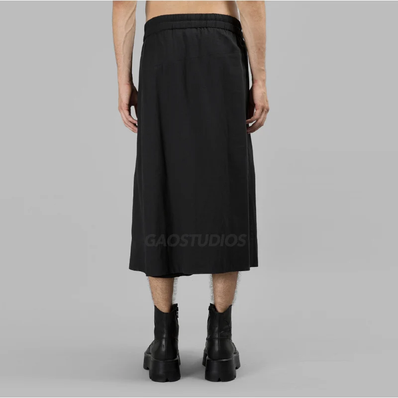 Summer new style men's fake two cropped pants deconstruction simple skirt skirt elastic waist tie solid color skirt pants