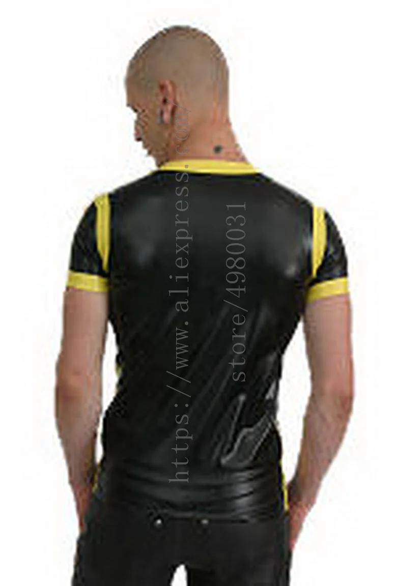 Casual style cool black men's short sleeve latex t-shirt with yellow trims decorations