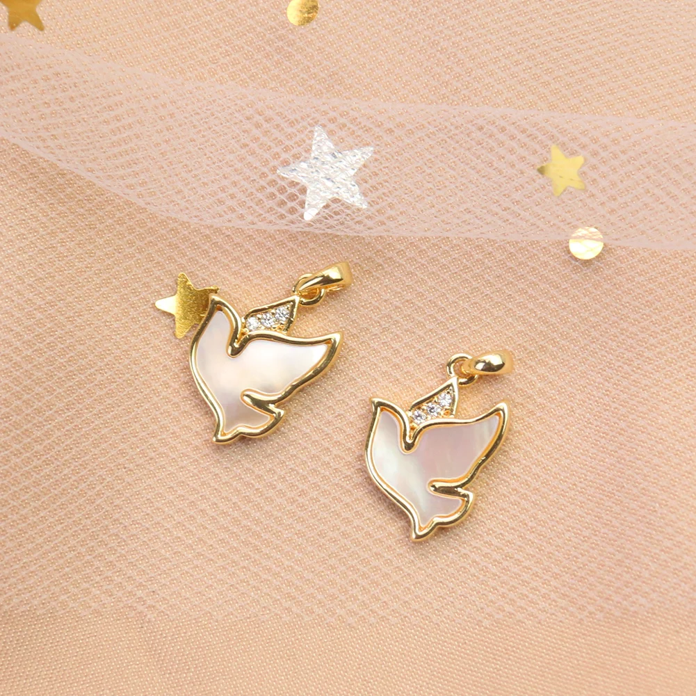 Natural White Shell Peace Dove Bird Charms Inlaid Zircon Gold Plated Pendant Earrings Necklace Women DIY Jewelry Accessories