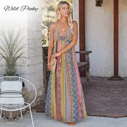 WildPinky New Casual Long Women Print Dress Boho Female V-neck Dress Summer Spaghetti Strap Ladies Beach Dress Vestidos