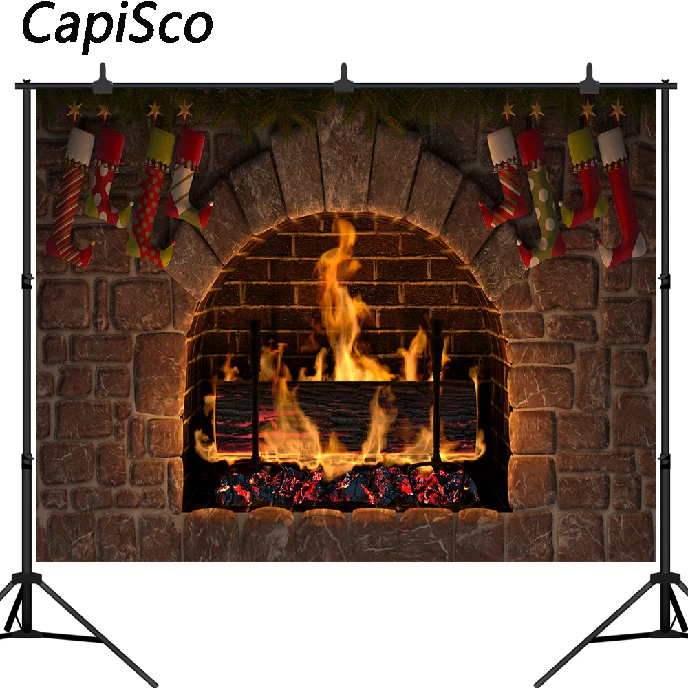 

Capisco Fireplace Blazing Burning Fire Christmas Decor Photography Backgrounds Customized Photographic Backdrop For Photo Studio