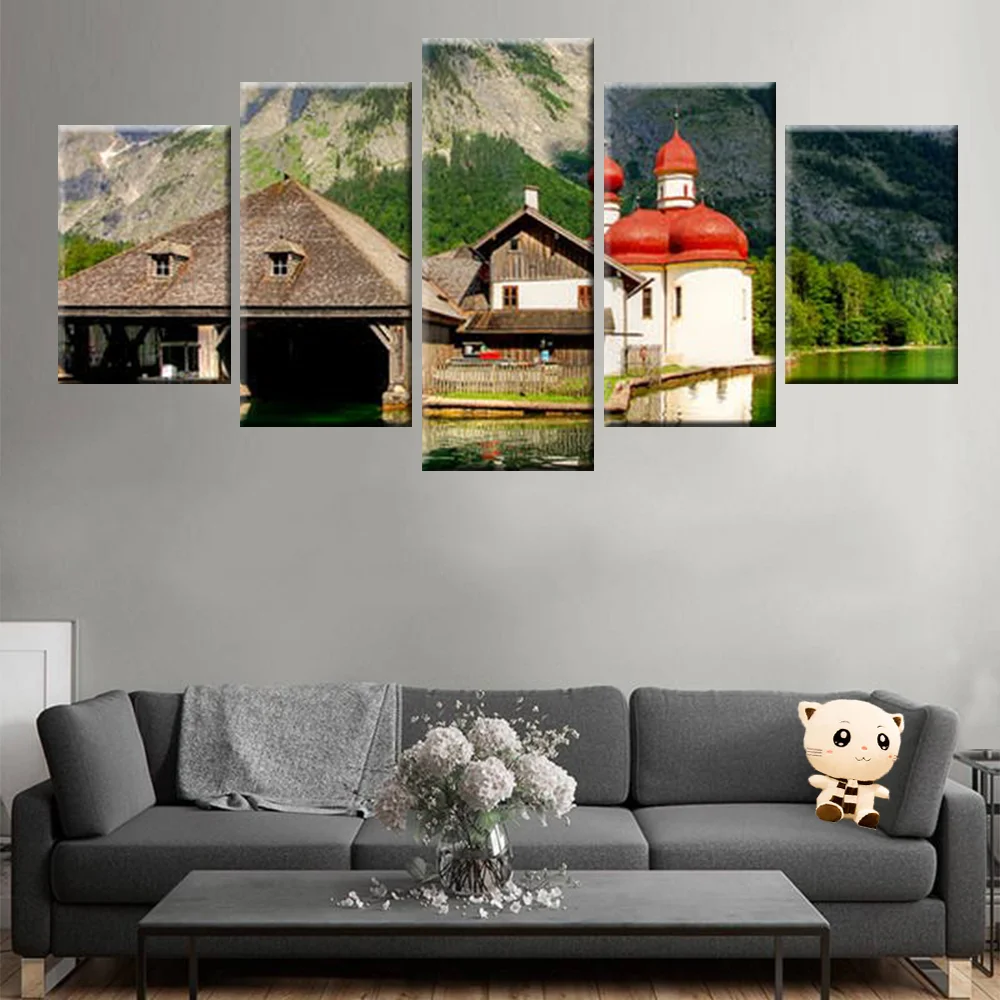 

Wall Art Canvas Painting 5 Panel Beautiful Landscape Forest House Nature Landscape Bedroom Mural Modern Home Decor Living Room