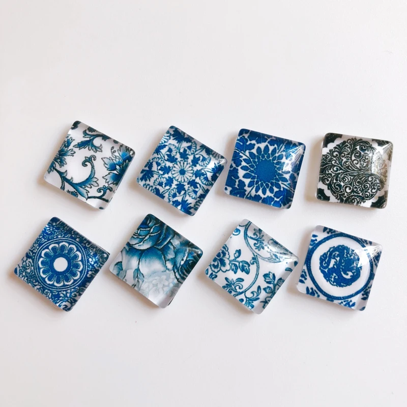 50pcs/lot clear square glass cabochon blue and white porcelain pattern mixed color fit cameo setting 10mm 12mm 15mm