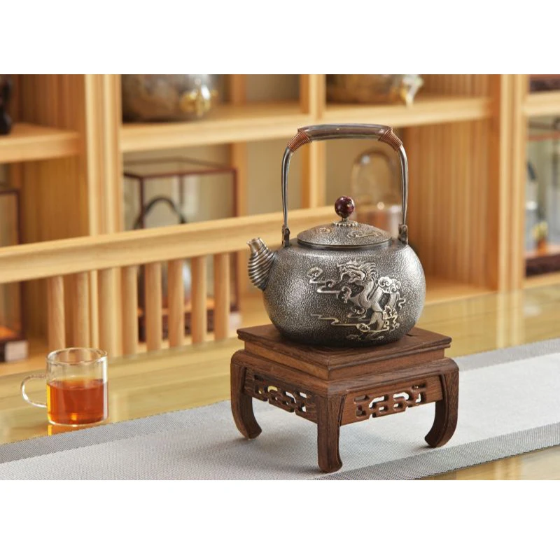 Silver pot 999 sterling silver handmade tea set Japanese retro teapot kettle home tea ceremony Kungfu tea set 1000ml