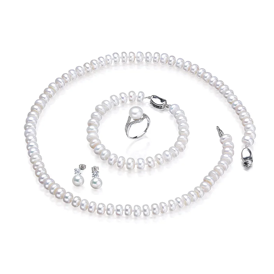 Dainashi Fashion 925 Sterling Silver zestawy biżuterii ślubnej dla kobiet prawdziwa biała naturalna perła słodkowodna 7-8mm chleb okrągły