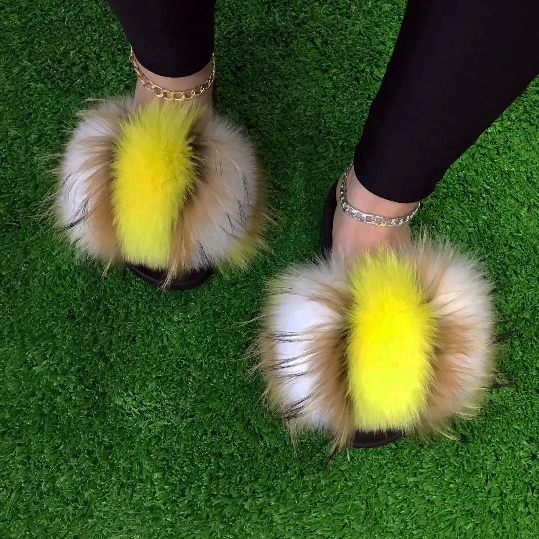 Causal Women Comfort Garden Walking Fur Slippers Hot Summer Girl's Beach Breathability Fur Flip Flops Fluffy Plush Fur Sandals