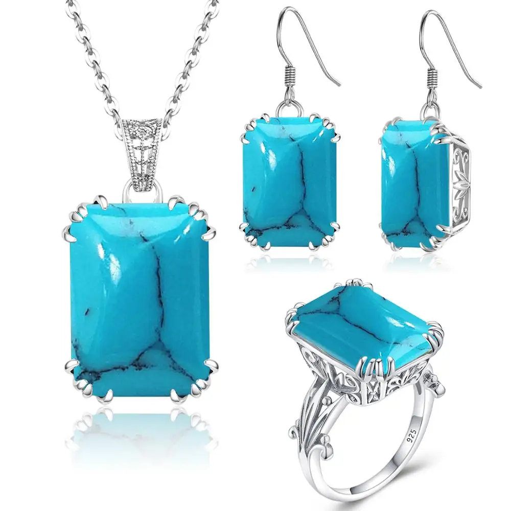 Bridal Jewelry Sets For Women Sterling Silver 925 Ring Earring Pendant Big Turquoise Gemstone Bohemian Jewelry Christmas Gift