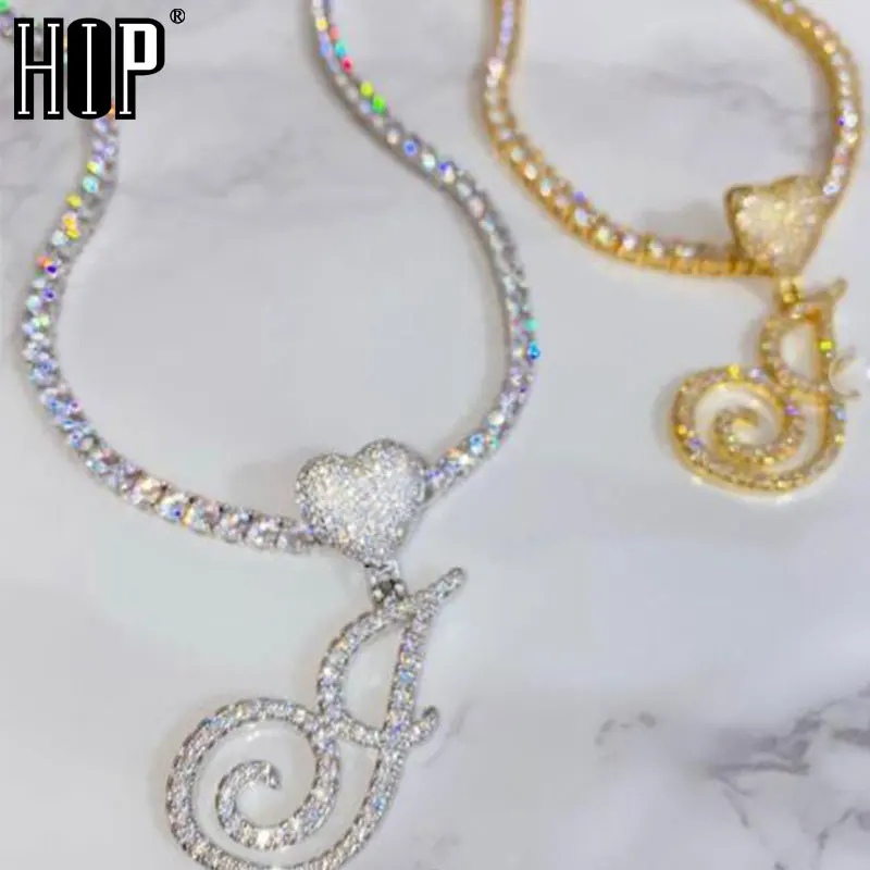 

Hip Hop A-Z Cursive Letters CZ Custom Name Letters tennis chain Necklaces & Pendant Cubic Zirconia For Men Jewelry Heart Clasp