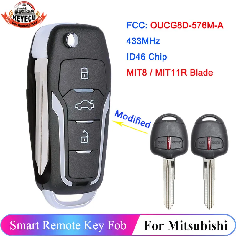 KEYECU 433MHz ID46 Chip For Mitsubishi Pajero Lancer Outlander Upgraded Flip Remote 3 Button MIT8 MIT11R Blade Smart Key Fob