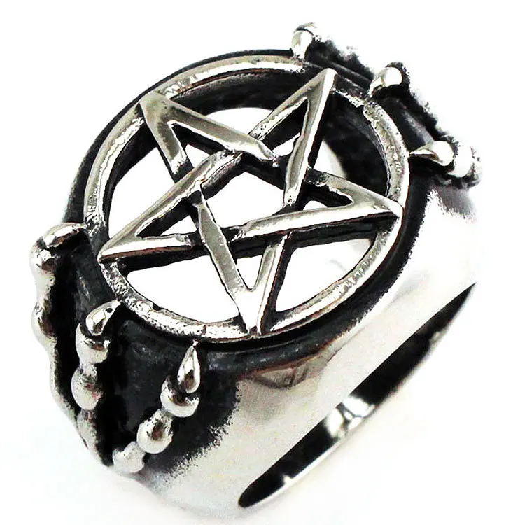 AsJerlya Skull Dragon Claw Pentagram Hollow Ring Men's Ring Fashion Vintage Metal Pentagram Round Ring Accessories Party Jewelry