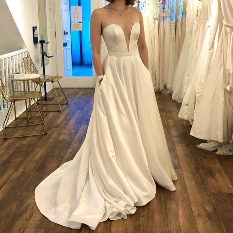 Simple Wedding Dress Sweetheart Floor Length Sweep Train  2021 With Pocket Robe De Mariee Elegant For Lady Beach Cheap Simple