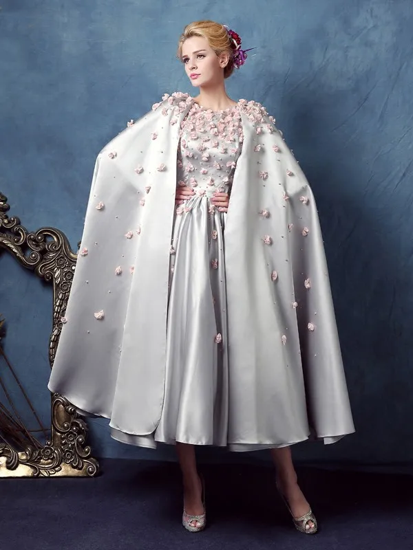 Vintage Zilveren Bloemen Parels Thee-Lengte Arabische Dubai Prom Dress 2021 Met Kapmouwtjes Formele Avondjurken Vestidos De festa