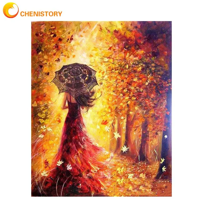 CHENISTORY Belle Donne Autunno Paesaggio della Pittura di DIY Dai Corredi di Numeri Da Colorare Vernice Da Numeri Moderna di Arte Della Parete